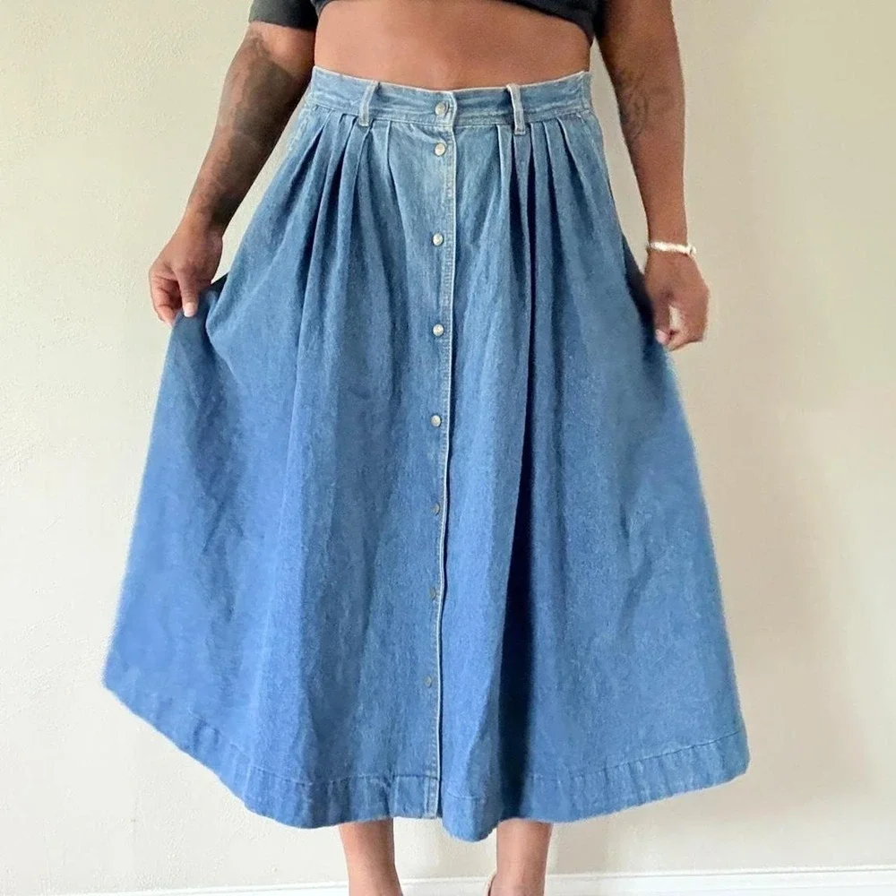 Vintage Women's Denim Midi Skirt Size 12 Button Front Pleated A-Line Cotton